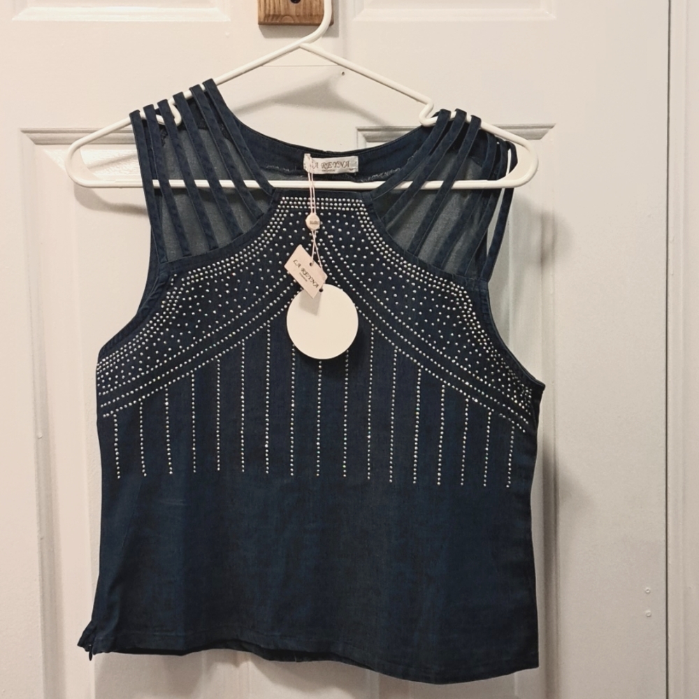 LA REYNA EMBELLISHED DENIM TOP